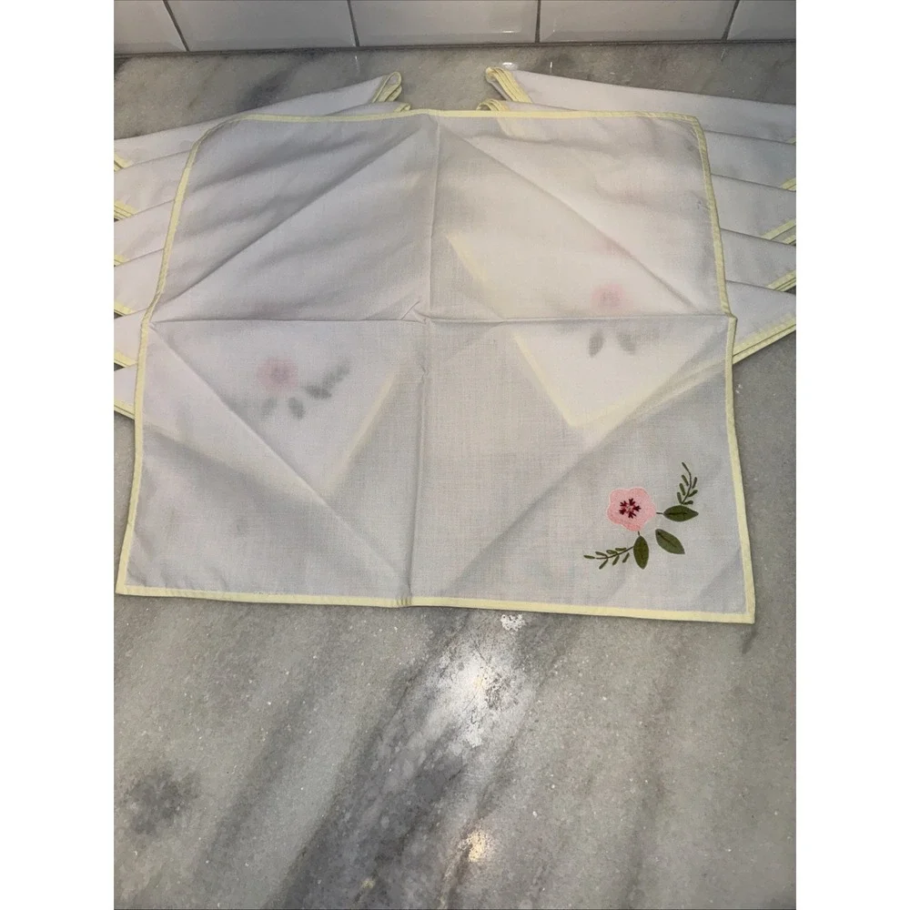 Vintage Hankercheif  Napkins White Appliqué‎ Pink Flower Yellow Border Set of 12